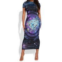 Thoth Ancient Egyptian Cosmic Short Sleeve Bodycon Dress with Sacred Eye and Baboon Symbol Theme