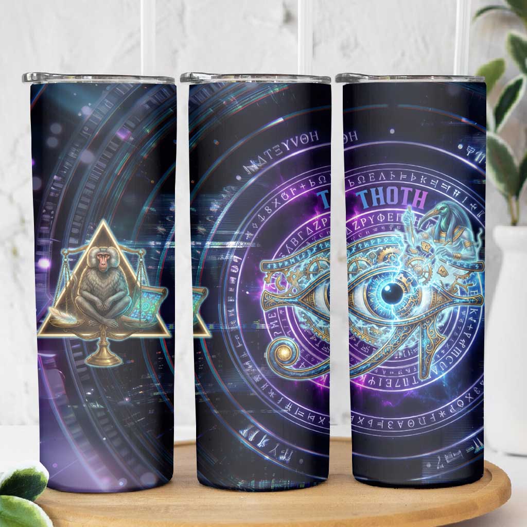 Thoth Ancient Egyptian Cosmic Skinny Tumbler with Sacred Eye and Baboon Symbol Theme