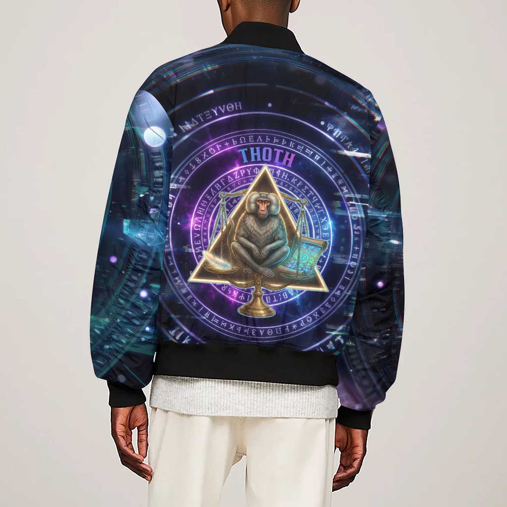 Thoth Ancient Egyptian Cosmic Sleeve Zip Bomber Jacket with Sacred Eye and Baboon Symbol Theme
