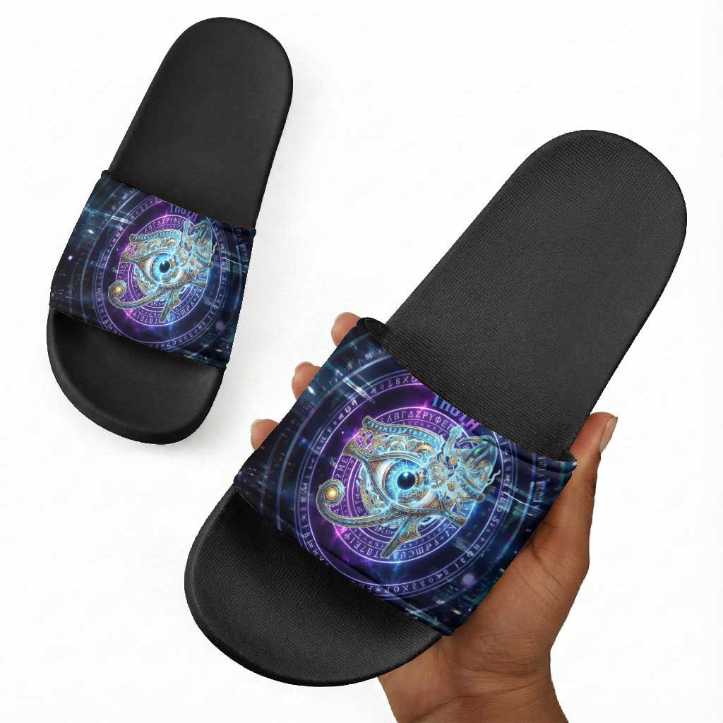 Thoth Ancient Egyptian Cosmic Slide Sandals with Sacred Eye and Baboon Symbol Theme