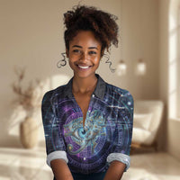 Thoth Ancient Egyptian Cosmic Women Casual Shirt with Sacred Eye and Baboon Symbol Theme