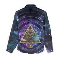 Thoth Ancient Egyptian Cosmic Women Casual Shirt with Sacred Eye and Baboon Symbol Theme