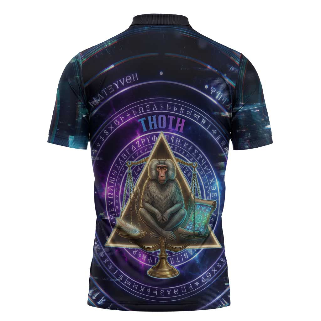 Thoth Ancient Egyptian Cosmic Zipper Polo Shirt with Sacred Eye and Baboon Symbol Theme