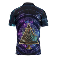 Thoth Ancient Egyptian Cosmic Zipper Polo Shirt with Sacred Eye and Baboon Symbol Theme
