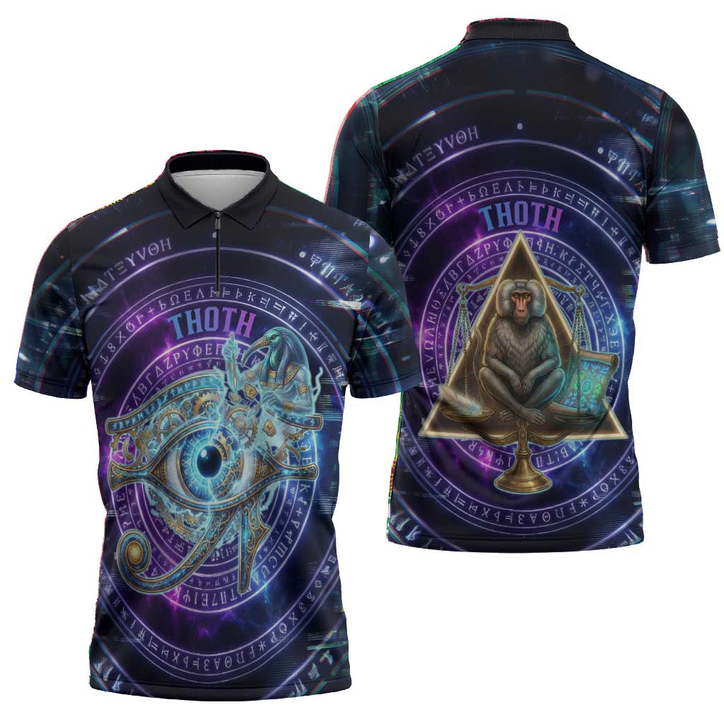 Thoth Ancient Egyptian Cosmic Zipper Polo Shirt with Sacred Eye and Baboon Symbol Theme