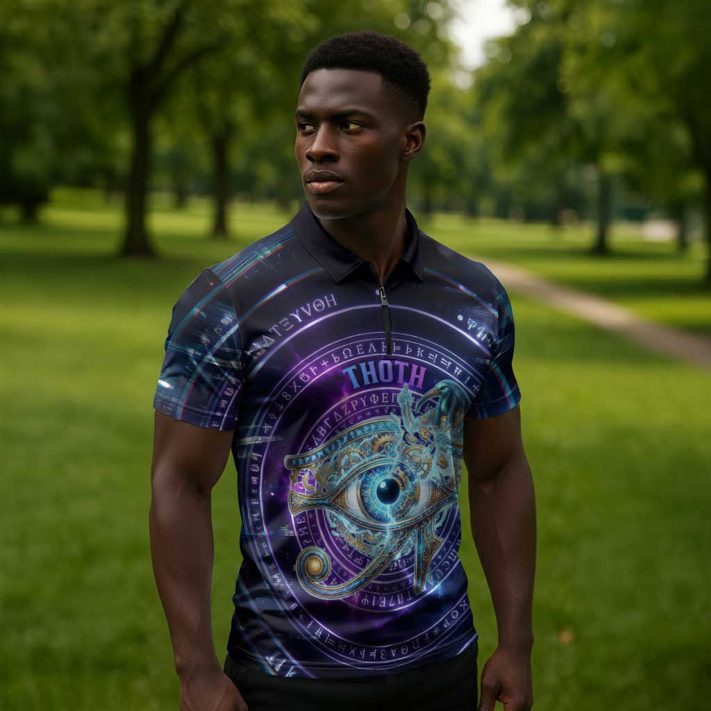 Thoth Ancient Egyptian Cosmic Zipper Polo Shirt with Sacred Eye and Baboon Symbol Theme