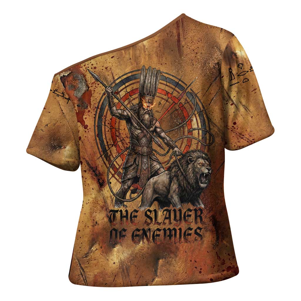 Onuris Cross Shoulder Shirt Egyptian War God Slayer of Enemies Spear Lion Ancient Battle