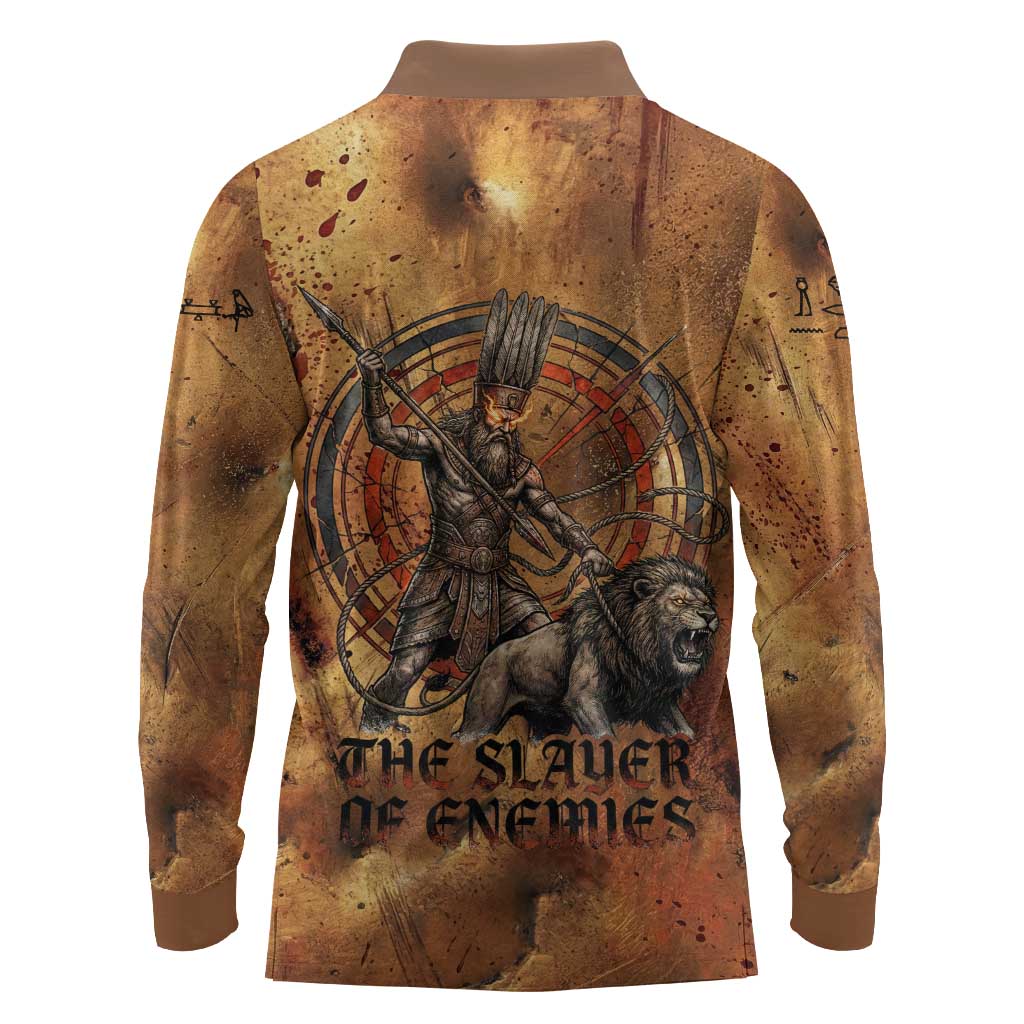 Onuris Long Sleeve Polo Shirt Egyptian War God Slayer of Enemies Spear Lion Ancient Battle