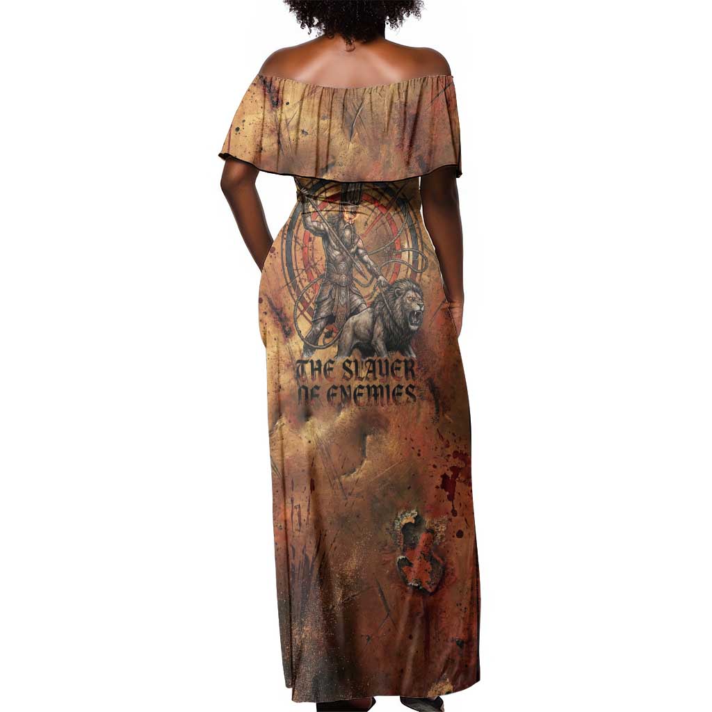 Onuris Off Shoulder Maxi Dress Egyptian War God Slayer of Enemies Spear Lion Ancient Battle