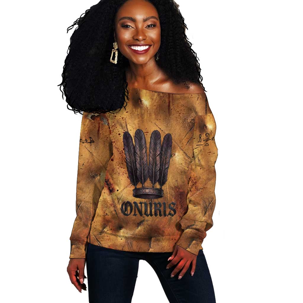 Onuris Off Shoulder Sweater Egyptian War God Slayer of Enemies Spear Lion Ancient Battle