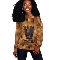 Onuris Off Shoulder Sweater Egyptian War God Slayer of Enemies Spear Lion Ancient Battle