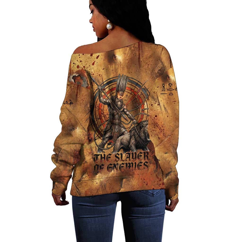 Onuris Off Shoulder Sweater Egyptian War God Slayer of Enemies Spear Lion Ancient Battle
