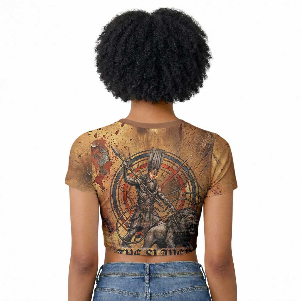 Onuris Raglan Cropped T shirt Egyptian War God Slayer of Enemies Spear Lion Ancient Battle