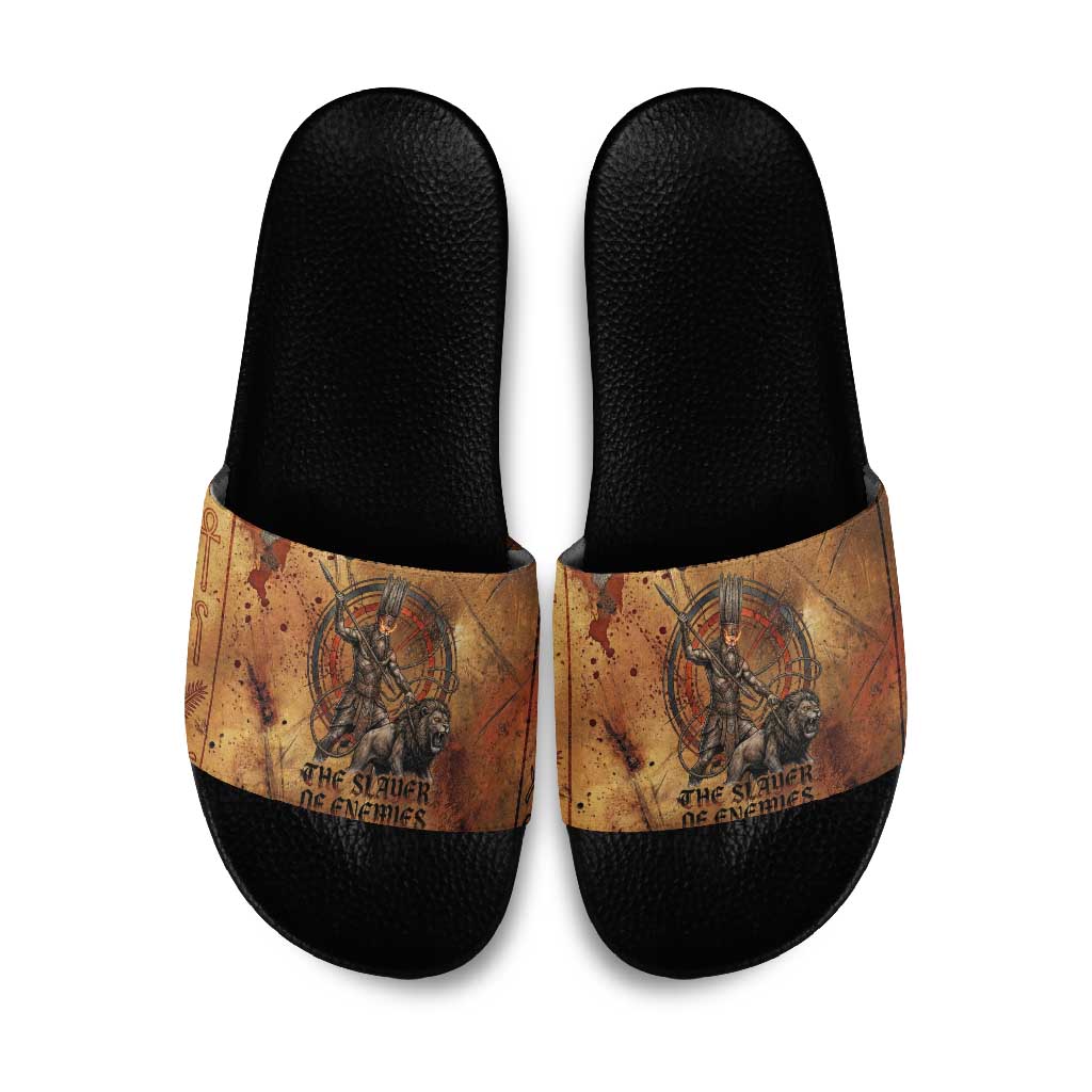 Onuris Slide Sandals Egyptian War God Slayer of Enemies Spear Lion Ancient Battle