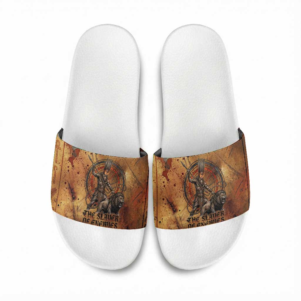 Onuris Slide Sandals Egyptian War God Slayer of Enemies Spear Lion Ancient Battle