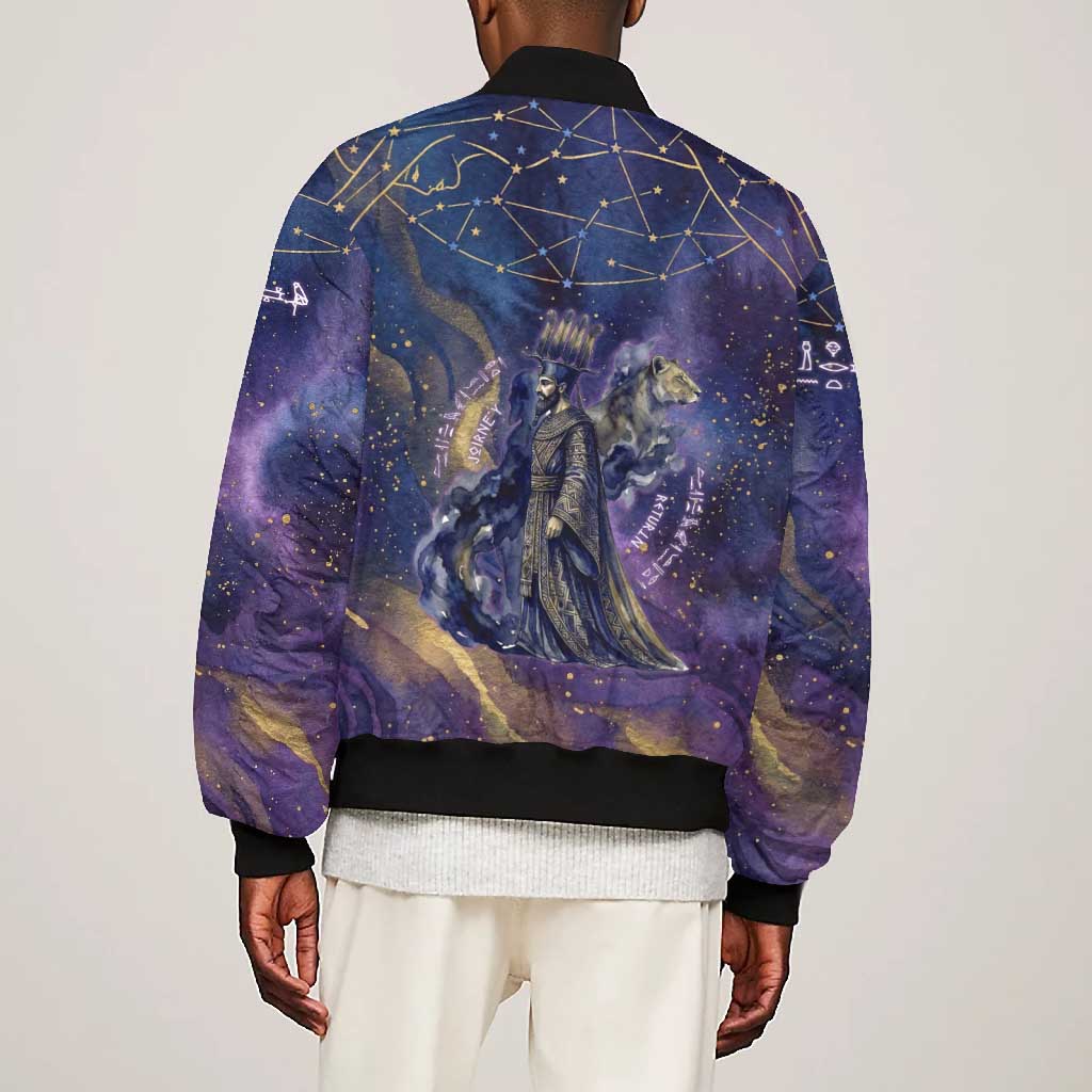 Onuris Bomber Jacket Cosmic Warrior Egyptian God Eye of Horus Spears Starry Night