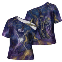 Onuris Cross Shoulder Shirt Cosmic Warrior Egyptian God Eye of Horus Spears Starry Night