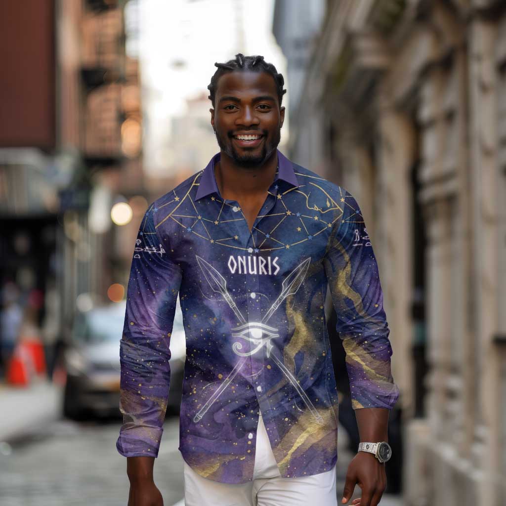 Onuris Long Sleeve Button Shirt Cosmic Warrior Egyptian God Eye of Horus Spears Starry Night