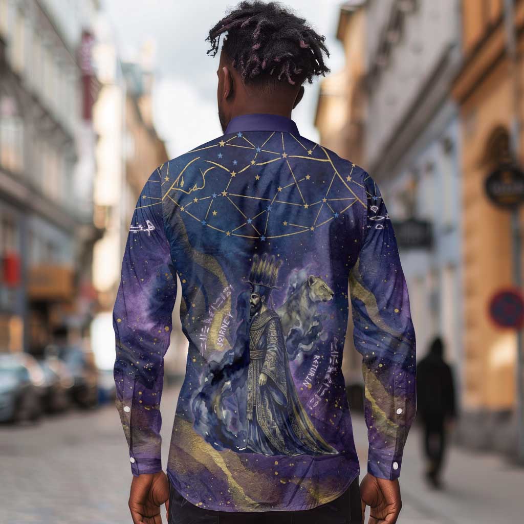 Onuris Long Sleeve Button Shirt Cosmic Warrior Egyptian God Eye of Horus Spears Starry Night