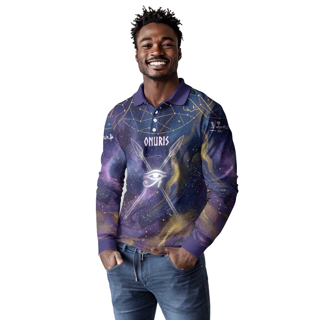 Onuris Long Sleeve Polo Shirt Cosmic Warrior Egyptian God Eye of Horus Spears Starry Night
