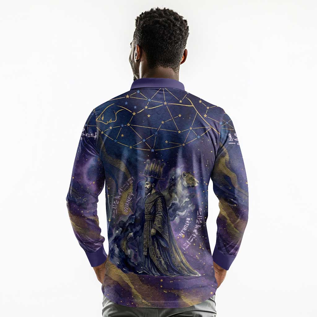 Onuris Long Sleeve Polo Shirt Cosmic Warrior Egyptian God Eye of Horus Spears Starry Night