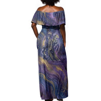 Onuris Off Shoulder Maxi Dress Cosmic Warrior Egyptian God Eye of Horus Spears Starry Night
