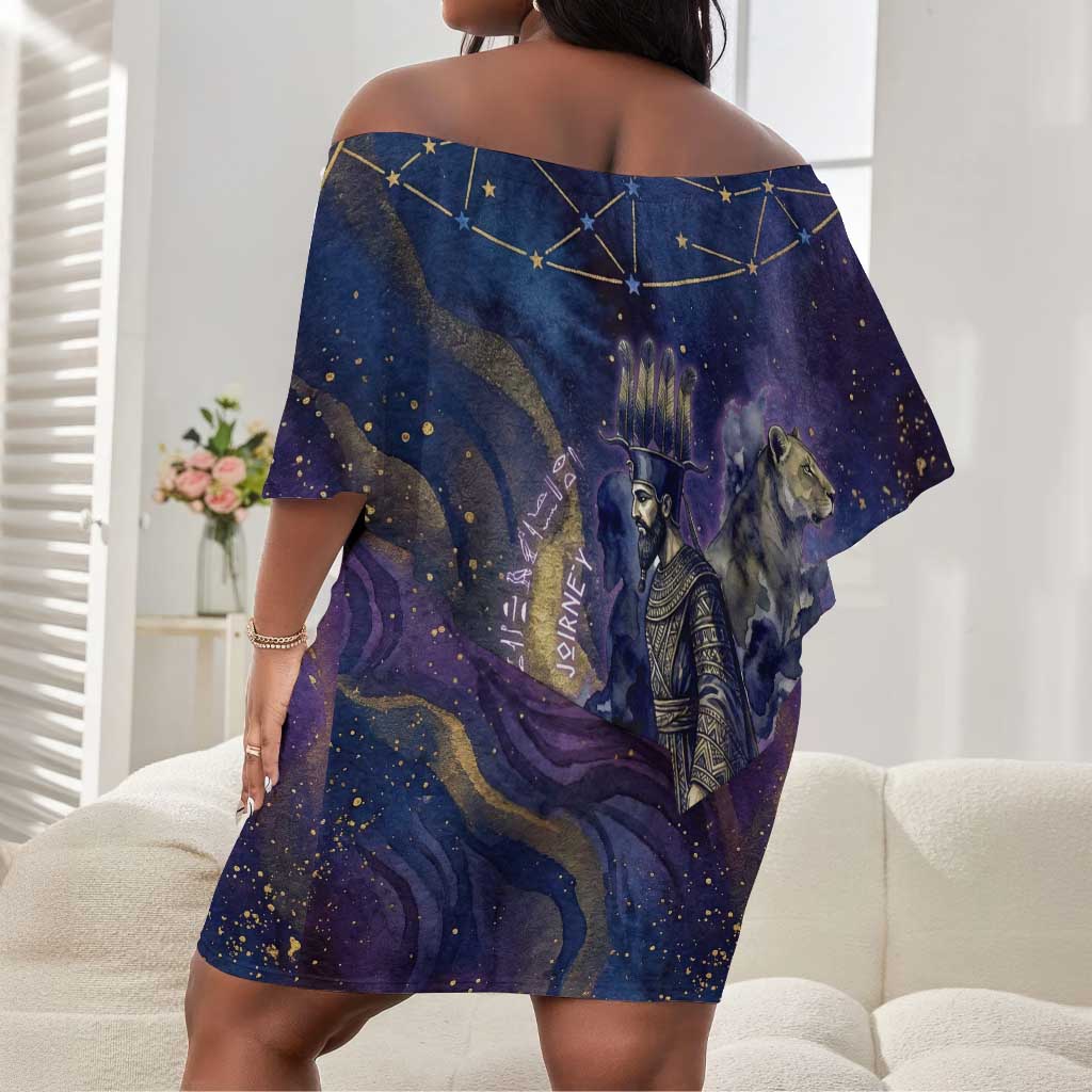Onuris Off Shoulder Short Dress Cosmic Warrior Egyptian God Eye of Horus Spears Starry Night