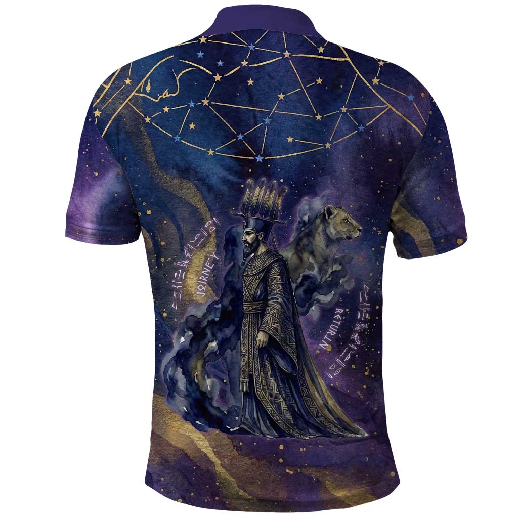 Onuris Polo Shirt Cosmic Warrior Egyptian God Eye of Horus Spears Starry Night