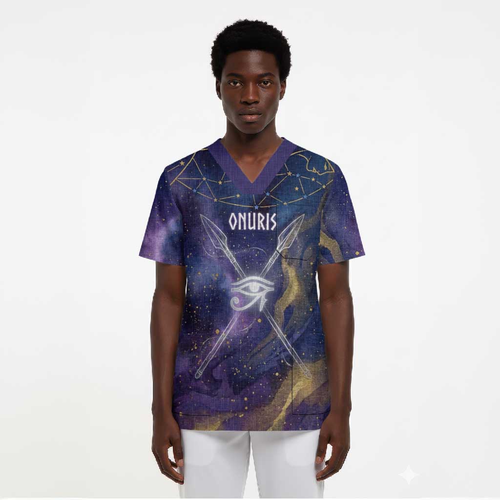 Onuris Scrub Top Cosmic Warrior Egyptian God Eye of Horus Spears Starry Night