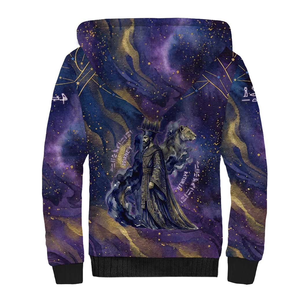Onuris Sherpa Hoodie Cosmic Warrior Egyptian God Eye of Horus Spears Starry Night