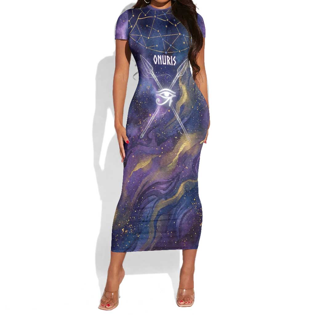 Onuris Short Sleeve Bodycon Dress Cosmic Warrior Egyptian God Eye of Horus Spears Starry Night