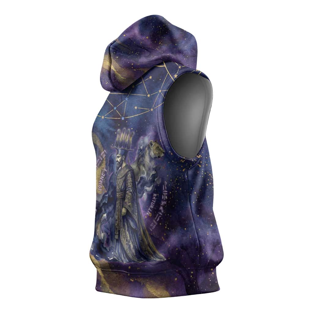 Onuris Sleeveless Hoodie Cosmic Warrior Egyptian God Eye of Horus Spears Starry Night