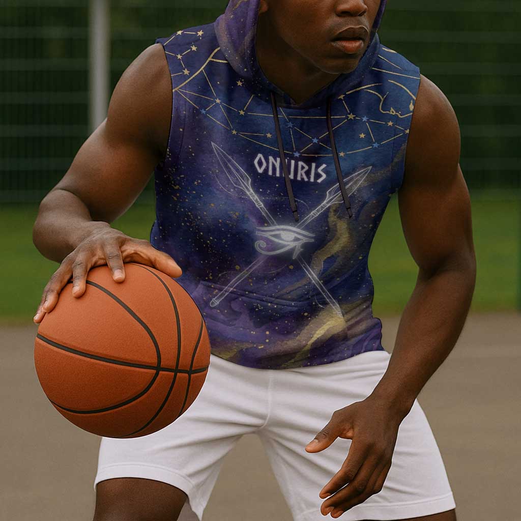 Onuris Sleeveless Hoodie Cosmic Warrior Egyptian God Eye of Horus Spears Starry Night
