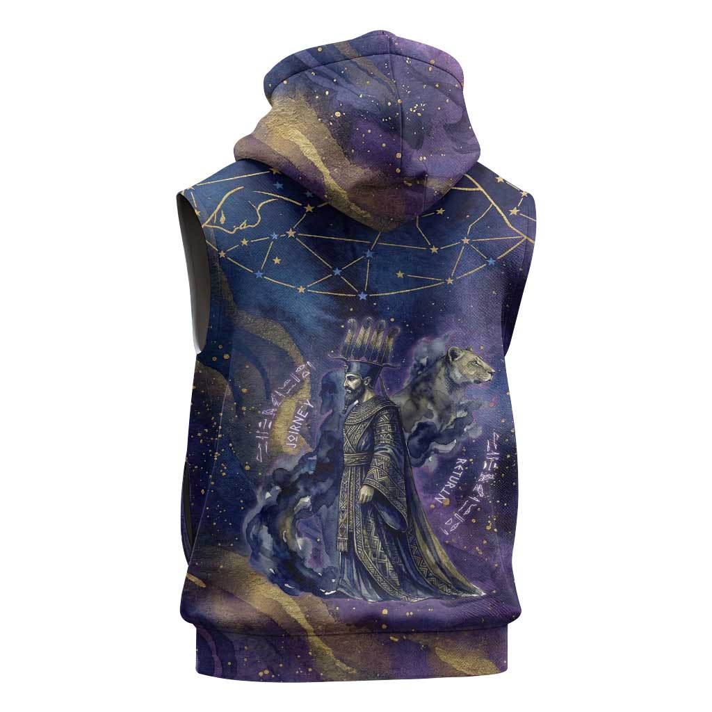 Onuris Sleeveless Zip Hoodie Cosmic Warrior Egyptian God Eye of Horus Spears Starry Night