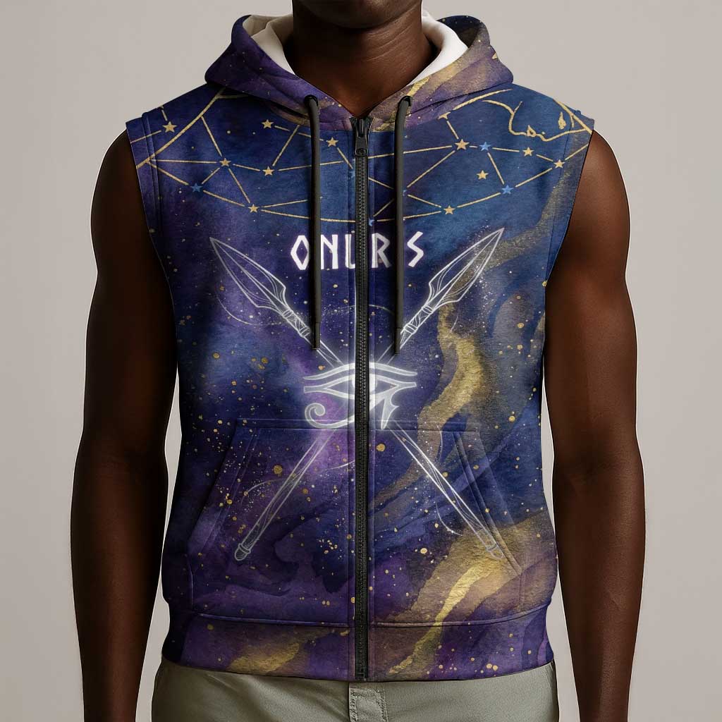 Onuris Sleeveless Zip Hoodie Cosmic Warrior Egyptian God Eye of Horus Spears Starry Night