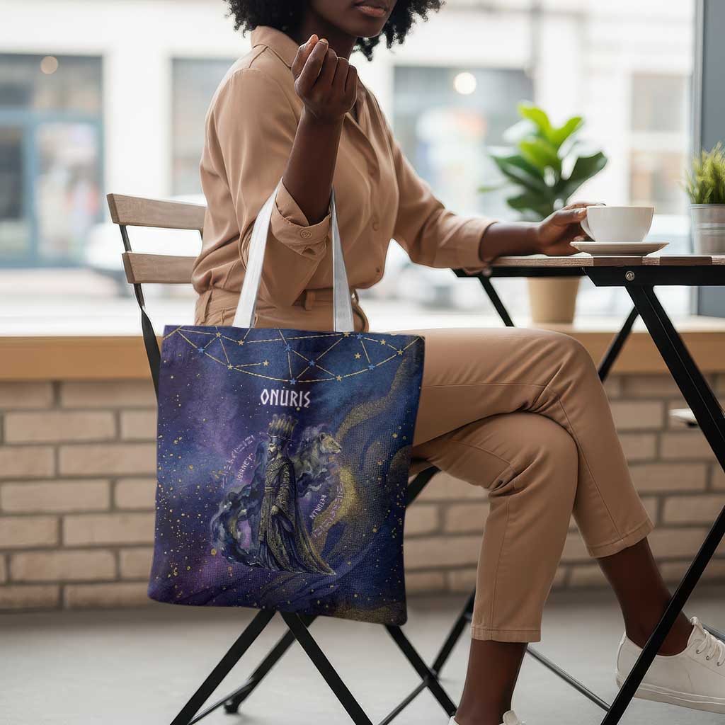 Onuris Tote Bag Cosmic Warrior Egyptian God Eye of Horus Spears Starry Night