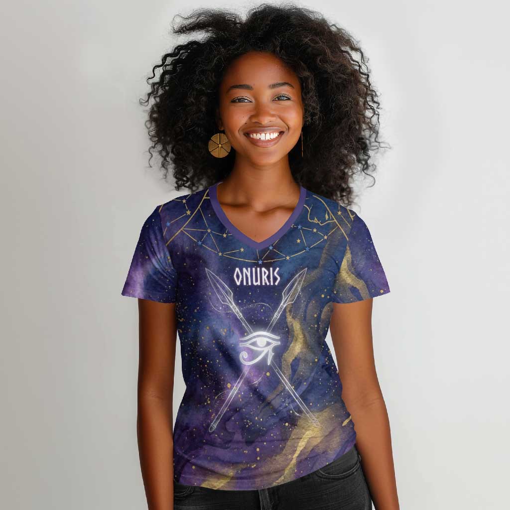 Onuris Women V-Neck T-Shirt Cosmic Warrior Egyptian God Eye of Horus Spears Starry Night