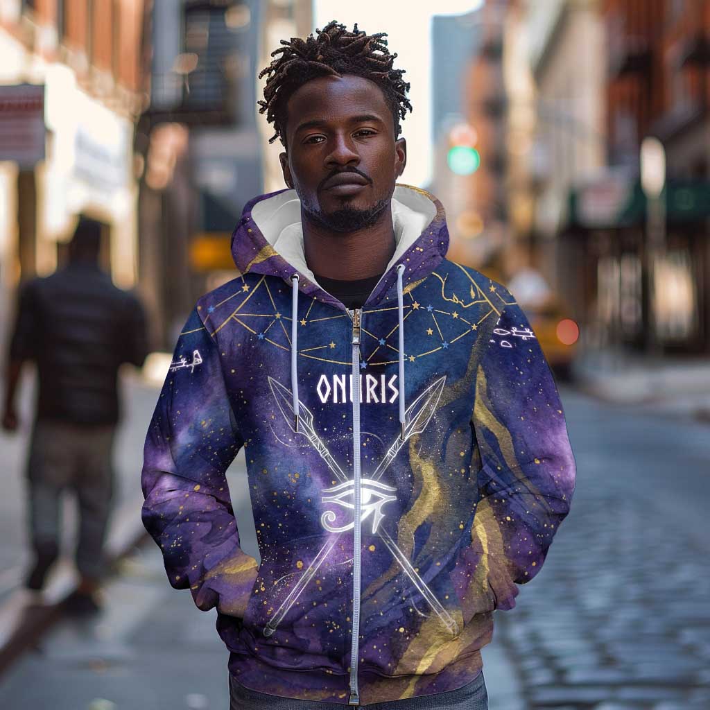 Onuris Zip Hoodie Cosmic Warrior Egyptian God Eye of Horus Spears Starry Night