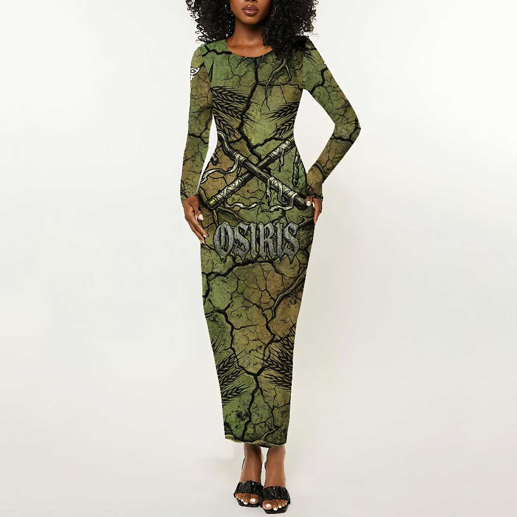 Osiris Long Sleeve Bodycon Dress Lord of Eternity Egyptian God Throne Mummy Staffs Ancient