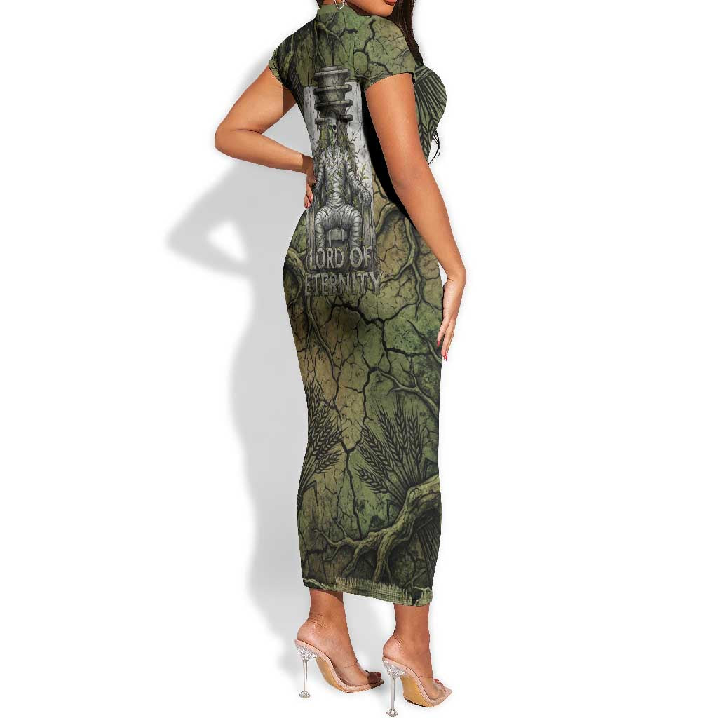Osiris Short Sleeve Bodycon Dress Lord of Eternity Egyptian God Throne Mummy Staffs Ancient