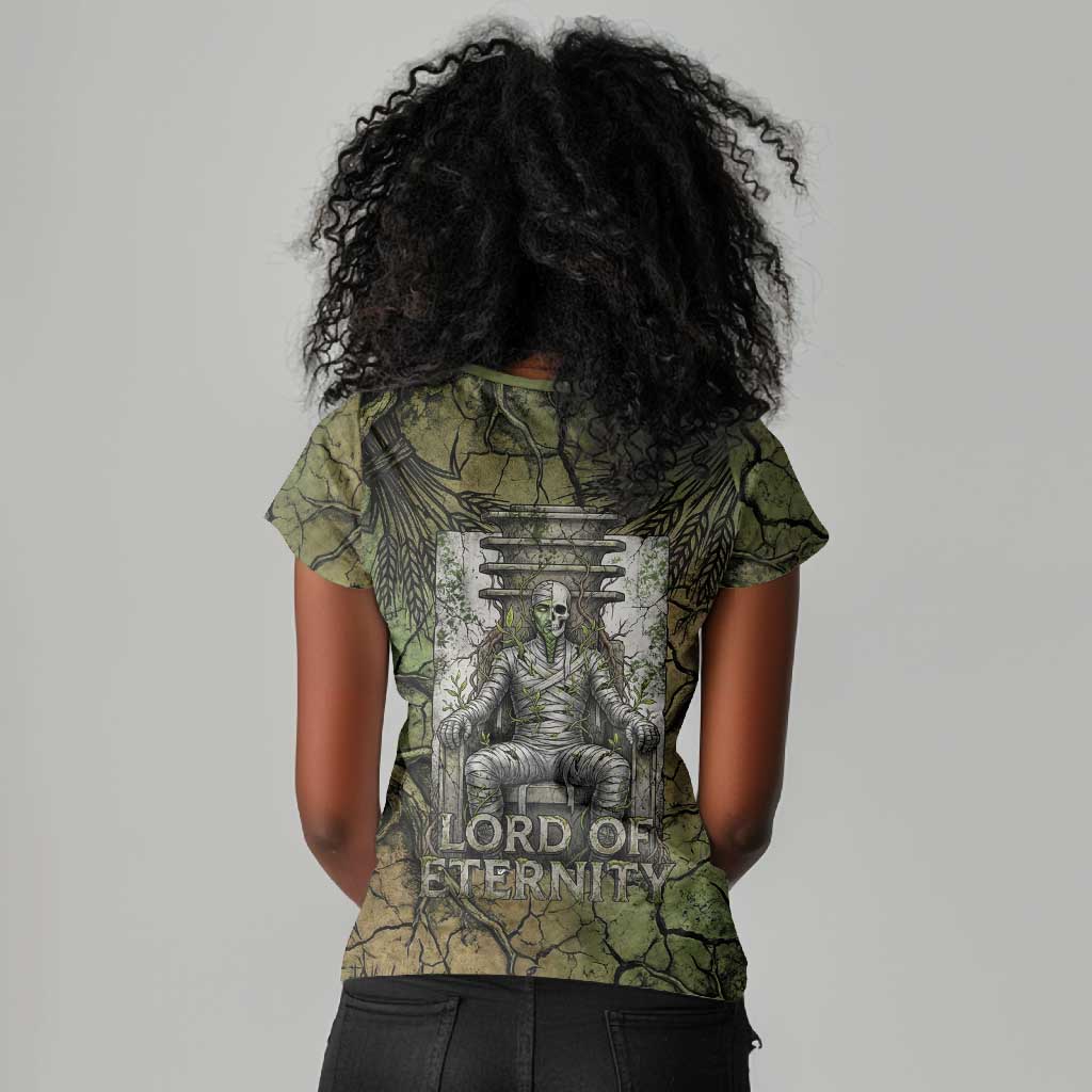 Osiris Women V-Neck T-Shirt Lord of Eternity Egyptian God Throne Mummy Staffs Ancient