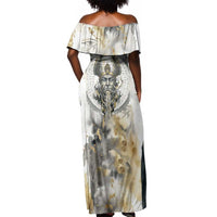 Osiris Egyptian Off Shoulder Maxi Dress God of Afterlife Feather Scale Judgment Eye of Horus