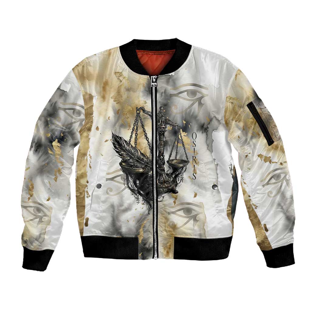 Osiris Egyptian Sleeve Zip Bomber Jacket God of Afterlife Feather Scale Judgment Eye of Horus