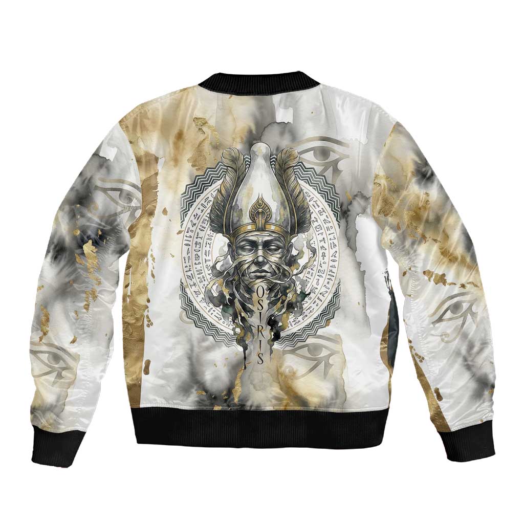 Osiris Egyptian Sleeve Zip Bomber Jacket God of Afterlife Feather Scale Judgment Eye of Horus