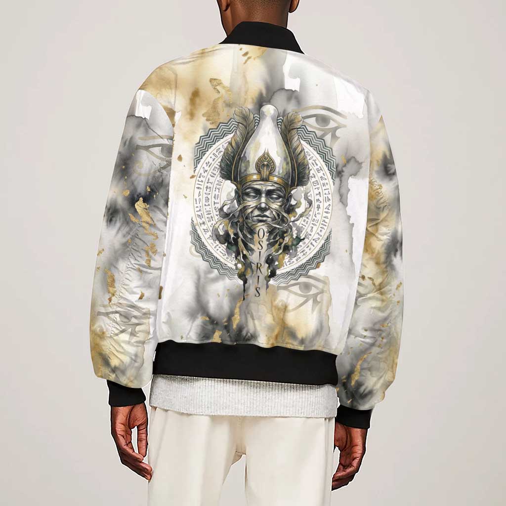Osiris Egyptian Sleeve Zip Bomber Jacket God of Afterlife Feather Scale Judgment Eye of Horus