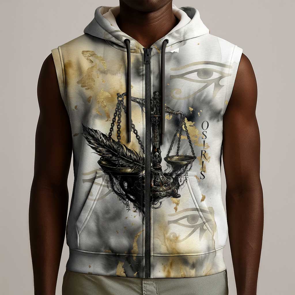 Osiris Egyptian Sleeveless Zip Hoodie God of Afterlife Feather Scale Judgment Eye of Horus