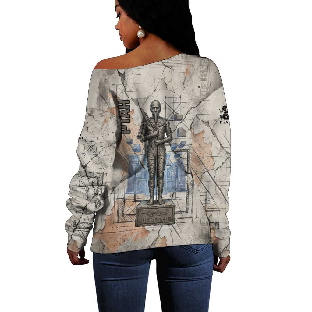 Ptah Egyptian Off Shoulder Sweater God of Crafts Architecture Tools Fashioner of the Earth