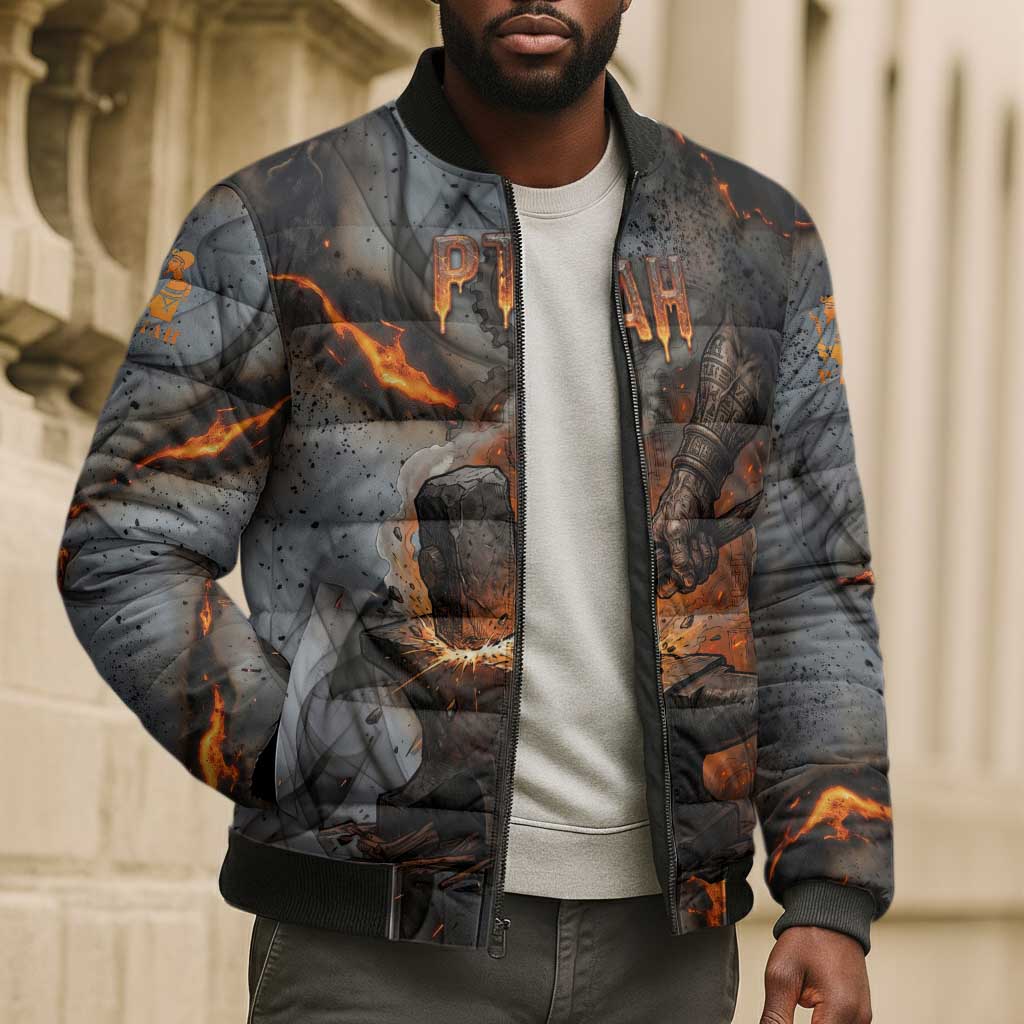 Ptah Egyptian Bomber Puffer Jacket God of Creation Great Artificer Hammer - Anvil Fire Forged