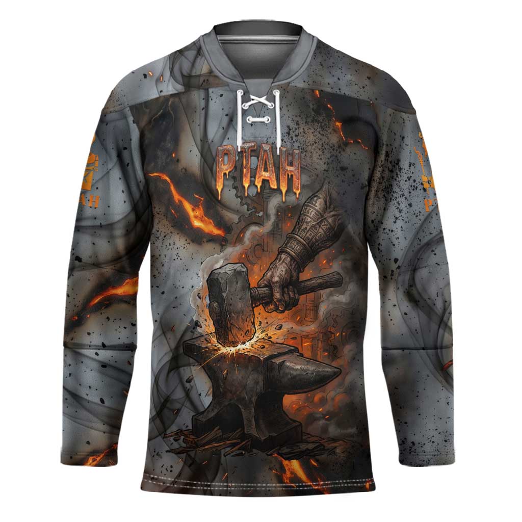 Ptah Egyptian Hockey Jersey God of Creation Great Artificer Hammer - Anvil Fire Forged