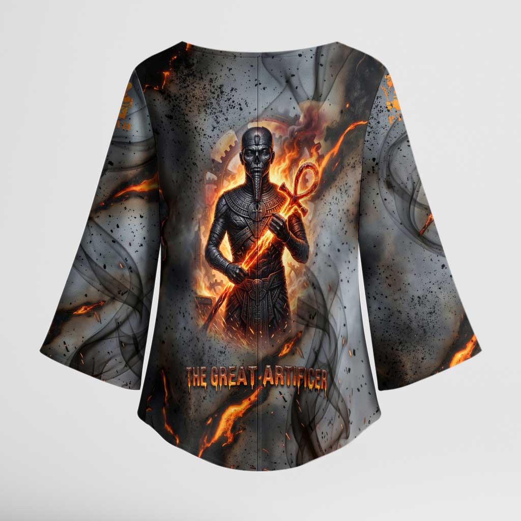 Ptah Egyptian Kimono Sleeve Blouse God of Creation Great Artificer Hammer - Anvil Fire Forged